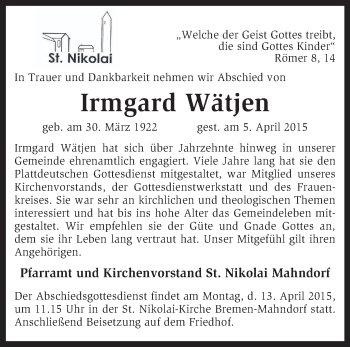 Traueranzeige von Irmgard Wätjen von KRZ