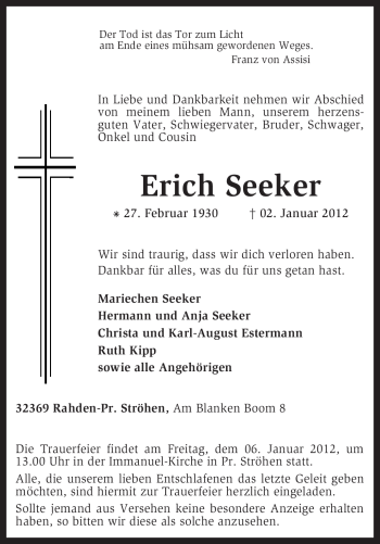 Traueranzeige von Erich Seeker von KREISZEITUNG SYKE