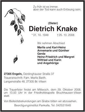 Traueranzeige von Dietrich Knake von KREISZEITUNG SYKE