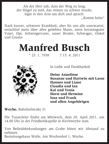 Traueranzeige von Manfred Busch von KREISZEITUNG SYKE