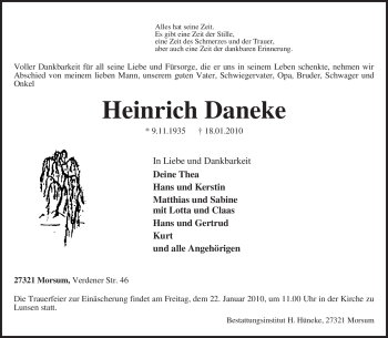 Traueranzeige von Heinrich Daneke von KREISZEITUNG SYKE