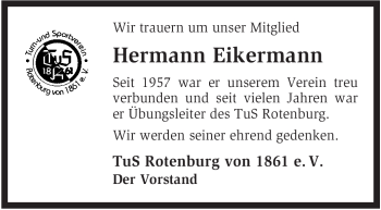 Traueranzeige von Hermann Eikermann von KREISZEITUNG SYKE
