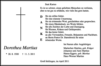 Traueranzeige von Dorothea Martius von KREISZEITUNG SYKE