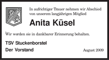 Traueranzeige von Anita Küsel von KREISZEITUNG SYKE