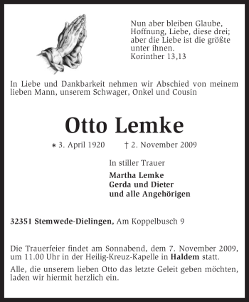 Traueranzeige von Otto Lemke von KREISZEITUNG SYKE