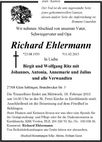 Traueranzeige von Richard Ehlermann von KRZ