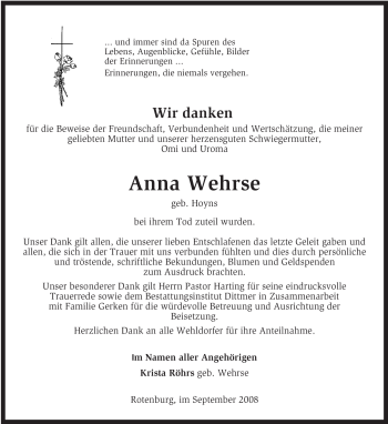 Traueranzeige von Anna Wehrse von KREISZEITUNG SYKE