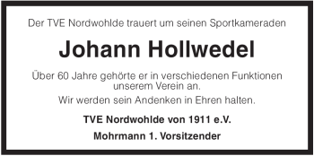 Traueranzeige von Johann Hollwedel von KREISZEITUNG SYKE