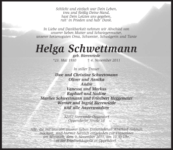 Traueranzeige von Helga Schwettmann von KREISZEITUNG SYKE