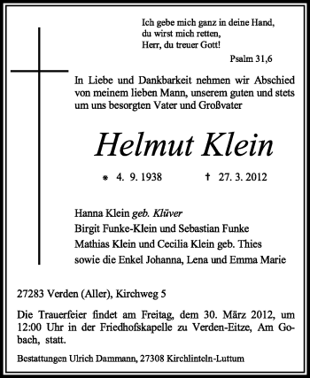 Traueranzeige von Helmut Klein von KREISZEITUNG SYKE