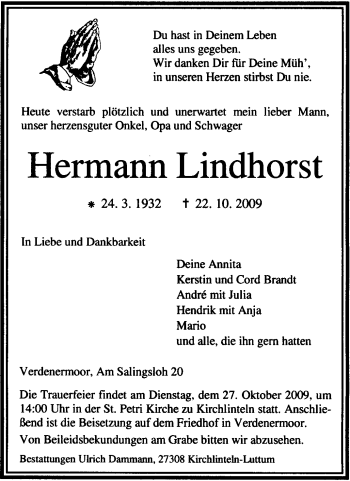 Traueranzeige von Hermann Lindhorst von KREISZEITUNG SYKE