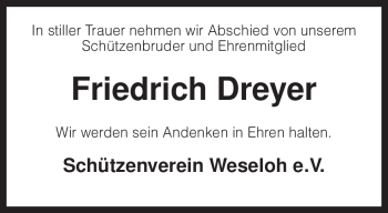 Traueranzeige von Friedrich Dreyer von KREISZEITUNG SYKE