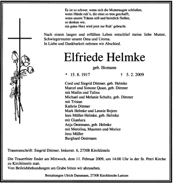 Traueranzeige von Elfriede Helmke von KREISZEITUNG SYKE