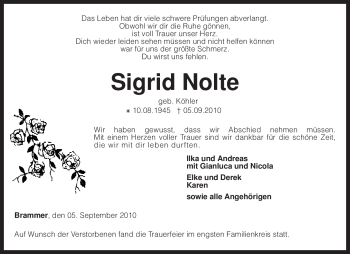 Traueranzeige von Sigrid Nolte von KREISZEITUNG SYKE