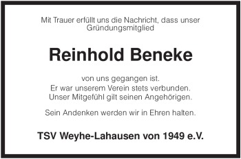 Traueranzeige von Reinhold Beneke von KREISZEITUNG SYKE