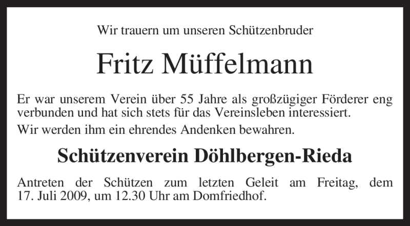 Traueranzeige für Fritz Müffelmann vom 15.07.2009 aus KREISZEITUNG SYKE