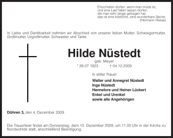 Traueranzeige von Hilde Nüstedt von KREISZEITUNG SYKE