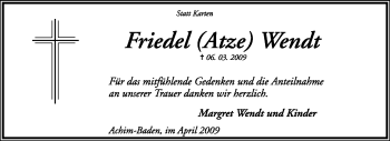 Traueranzeige von Friedel Wendt von KREISZEITUNG SYKE