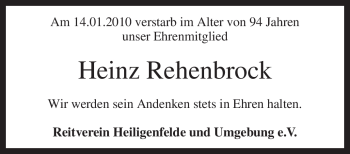 Traueranzeige von Heinz Rehenbrock von KREISZEITUNG SYKE