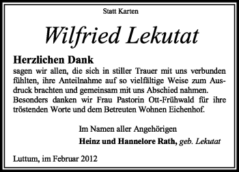 Traueranzeige von Wilfried Lekutat von KREISZEITUNG SYKE