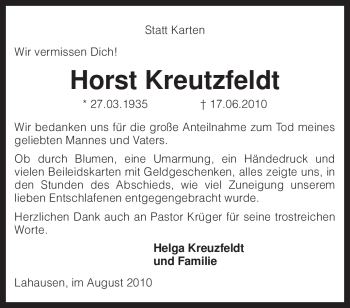 Traueranzeige von Horst Kreutzfeldt von KREISZEITUNG SYKE