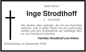 Traueranzeige von Inge Strodthoff von KREISZEITUNG SYKE