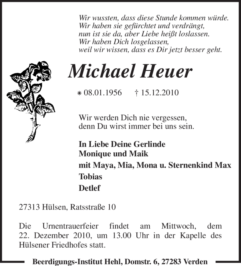  Traueranzeige für Michael Heuer vom 18.12.2010 aus KREISZEITUNG SYKE