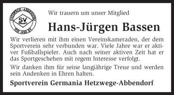 Traueranzeige von Hans-Jürgen Bassen von KREISZEITUNG SYKE