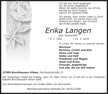 Traueranzeige von Erika Langen von KREISZEITUNG SYKE