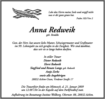 Traueranzeige von Anna Redweik von KREISZEITUNG SYKE