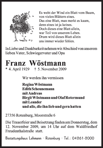 Traueranzeige von Franz Wöstmann von KREISZEITUNG SYKE
