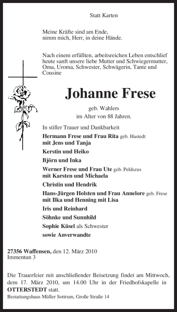 Traueranzeige von Johanne Frese von KREISZEITUNG SYKE