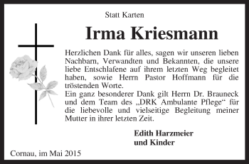 Traueranzeige von Irma Kriesmann von KRZ