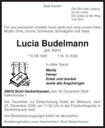 Traueranzeige von Lucia Budelmann von KREISZEITUNG SYKE