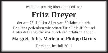 Traueranzeige von Fritz Dreyer von KREISZEITUNG SYKE