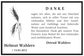 Traueranzeige von Helmut Wahlers von KREISZEITUNG SYKE