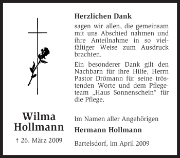 Traueranzeige von Wilma Hollmann von KREISZEITUNG SYKE