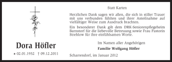 Traueranzeige von Dora Höfler von KREISZEITUNG SYKE