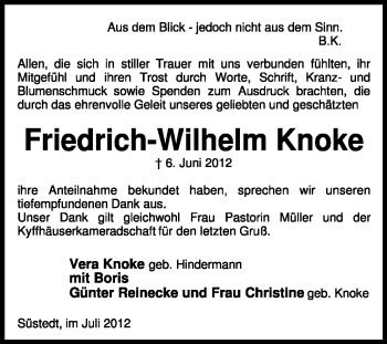 Traueranzeige von Friedrich-Wilhelm Knoke von KREISZEITUNG SYKE