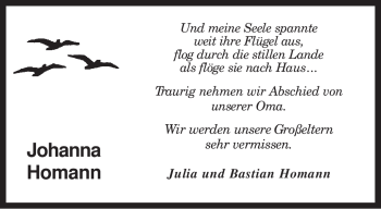 Traueranzeige von Johanna Homann von KREISZEITUNG SYKE