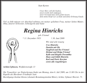 Traueranzeige von Regina Hinrichs von KREISZEITUNG SYKE