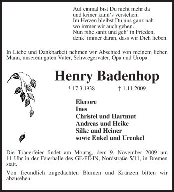 Traueranzeige von Henry Badenhop von KREISZEITUNG SYKE