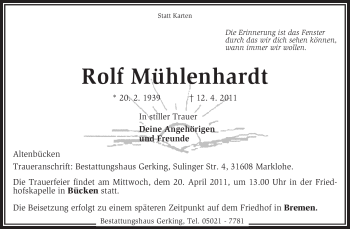 Traueranzeige von Rolf Mühlenhardt von KREISZEITUNG SYKE