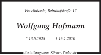 Traueranzeige von Wolfgang Hofmann von KREISZEITUNG SYKE