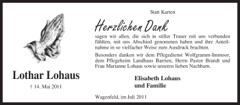 Traueranzeige von Lothar Lohaus von KREISZEITUNG SYKE