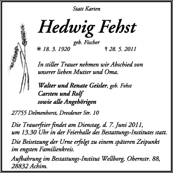 Traueranzeige von Hedwig Fehst von KREISZEITUNG SYKE