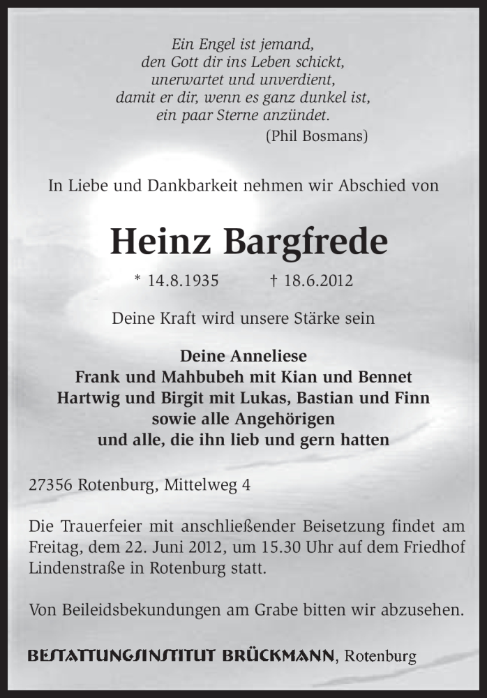  Traueranzeige für Heinz Bargfrede vom 20.06.2012 aus KREISZEITUNG SYKE