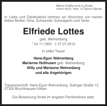 Traueranzeige von Elfriede Lottes von KREISZEITUNG SYKE