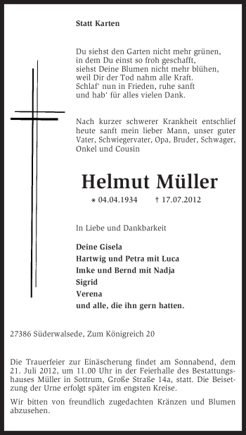 Traueranzeige von Helmut Müller von KREISZEITUNG SYKE