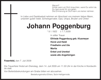 Traueranzeige von Johann Poggenburg von KREISZEITUNG SYKE